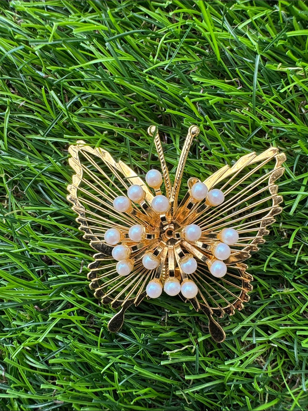 Vintage Gold Butterfly Brooch with Pearl Accents